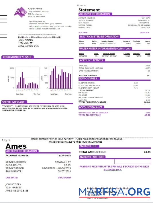 Blank USA Iowa City of Ames utility bill scr download for verification
